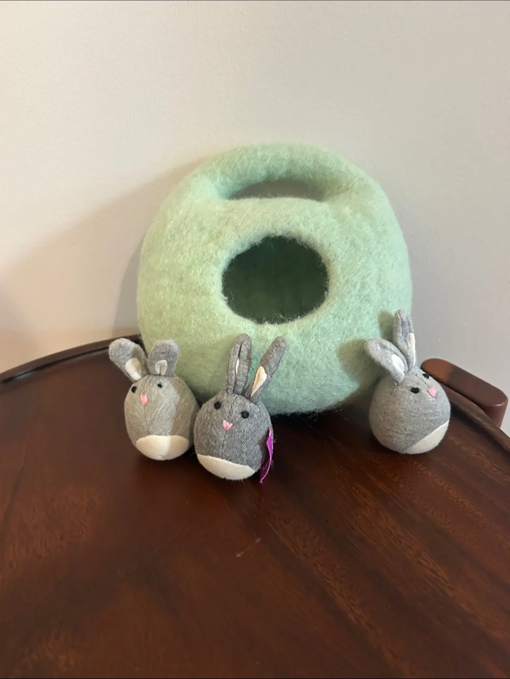 LOVEVERY felt bunny burrow with three gray felt bunnies